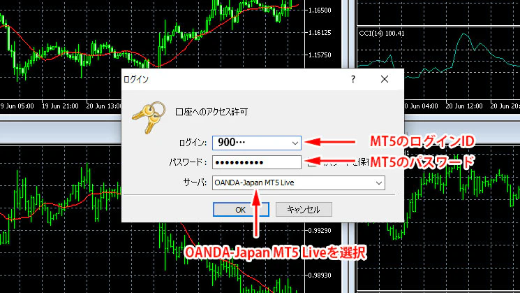 OANDA証券のMT5口座に接続できたMT5の画面