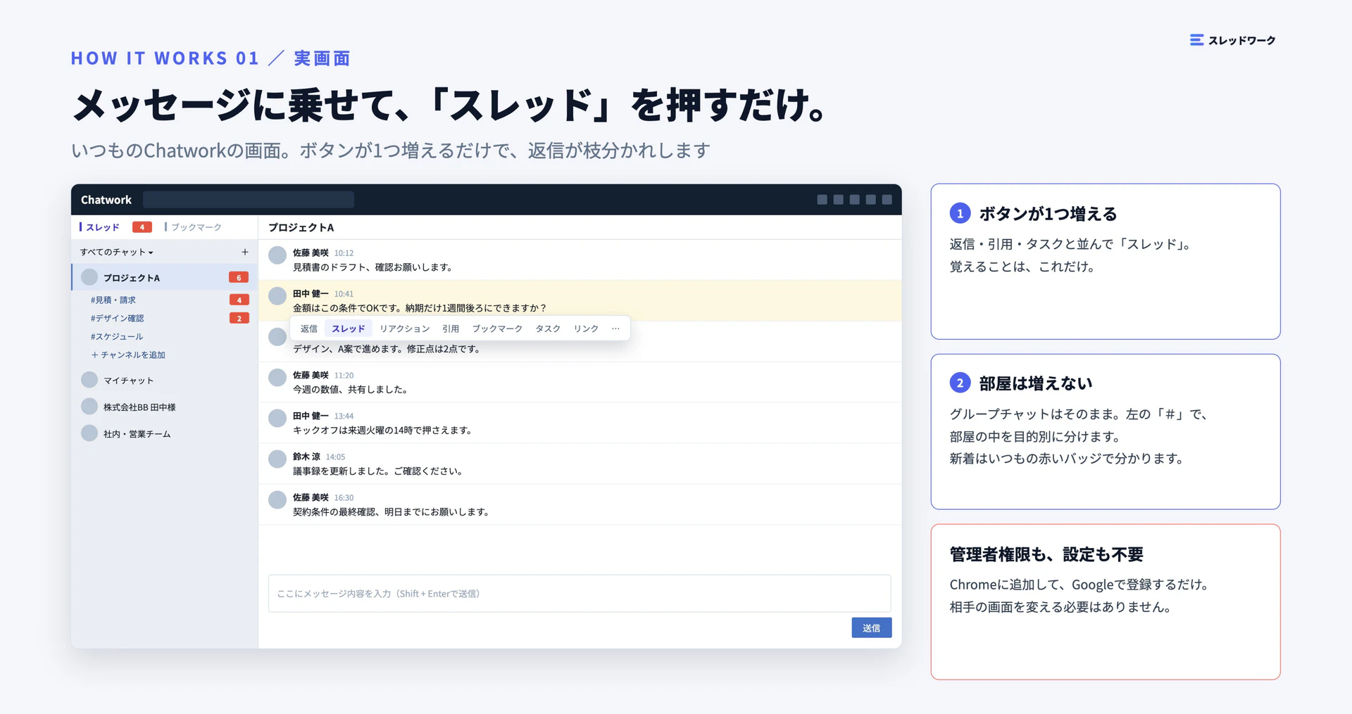 Chatworkのメッセージにマウスを乗せると「スレッド」ボタンが現れる実画面