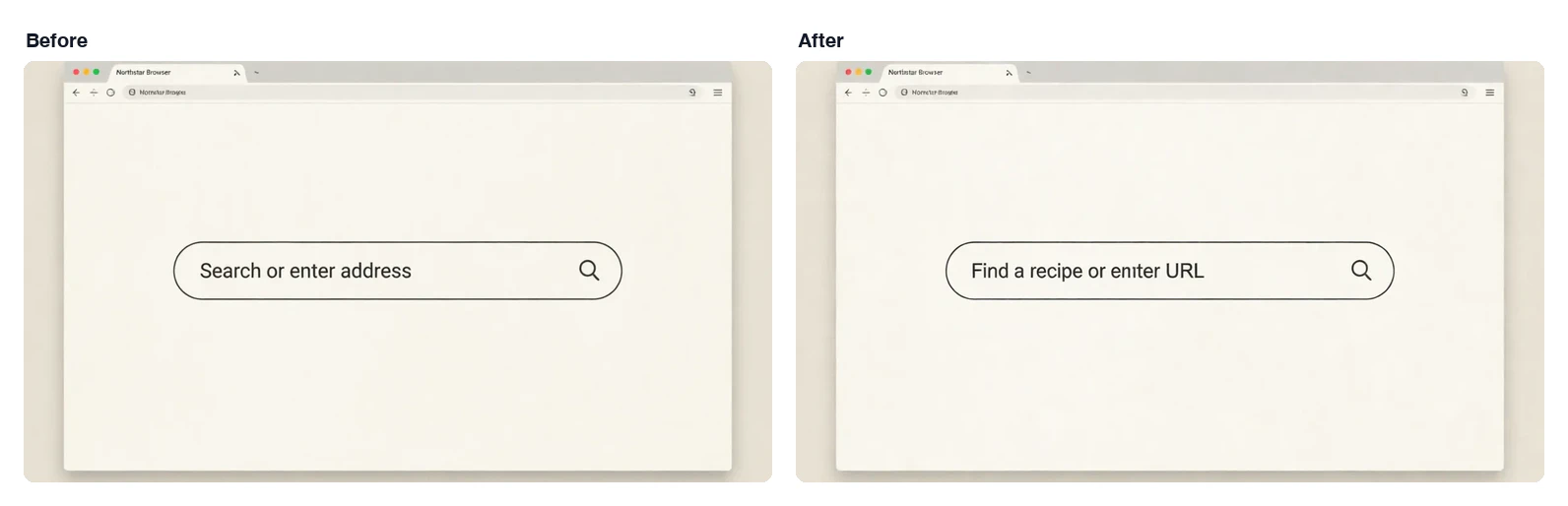 ブラウザの検索バーの文字を変更した例。変更前は「Search or enter address」、変更後は「Find a recipe or enter URL」