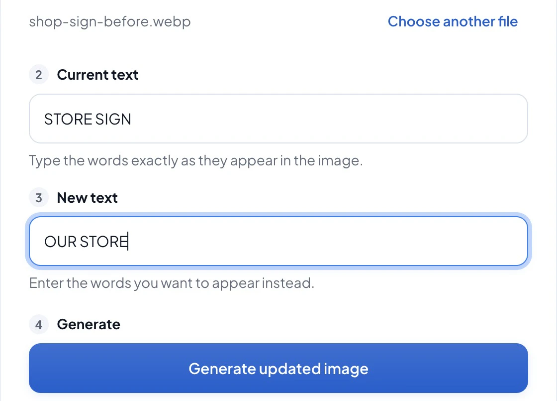 画像の文字を置き換えるフォーム。アップロード、現在の文字、新しい文字、生成の4ステップ