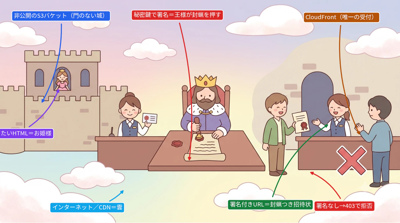 S3+CloudFront署名付きURLの全体像(各要素がどのAWSリソースかを矢印で注記)