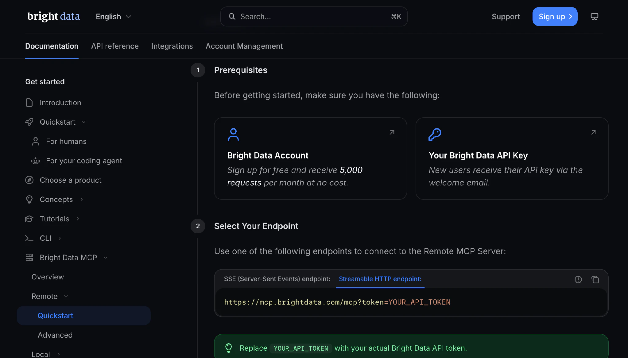 公式ドキュメントのクイックスタート。接続先のURLは「https://mcp.brightdata.com/mcp?token=YOUR_API_TOKEN」の形
