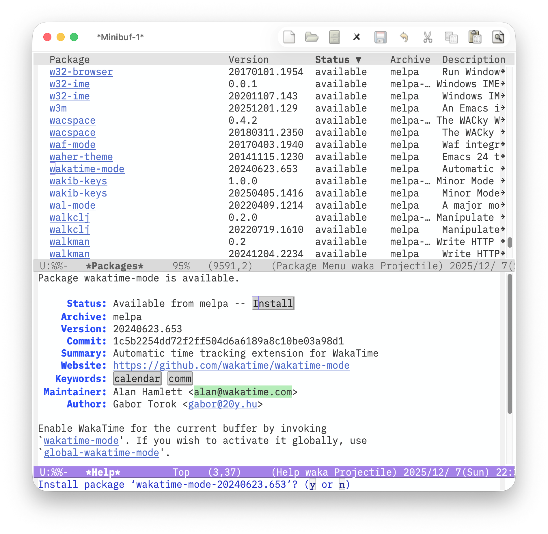 Emacs で package-list-packages を実行して *Packages* バッファから wakatime-mode を選択し、*Help* バッファで Install ボタンを押したところ。 Screenshot 2025-12-07 at 22.33.30.png