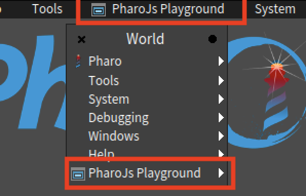 PharoJS Playground のメニュー項目