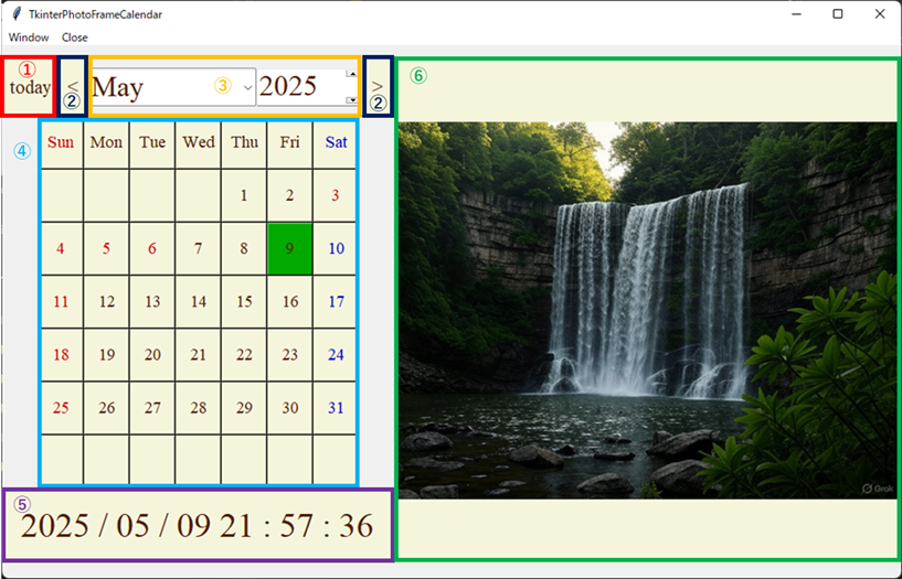 TkinterPhotoFrameCalendar起動時画面表示_説明付き.png