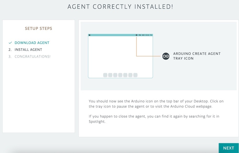 Arduino Create Agent のセットアップ完了の確認画面