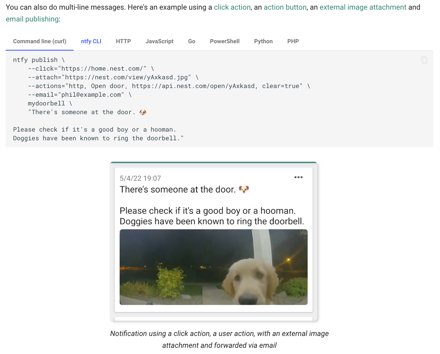 Notification using a click action, a user action, with an external image attachment and forwarded via email