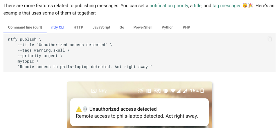 Urgent notification with tags and title