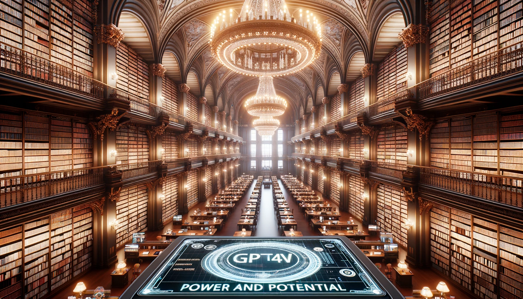 DALL·E 2023-10-07 14.33.58 - Photo of a majestic library with vast aisles of books, illuminated by a grand chandelier. In the foreground, a holographic display showcases the words.png