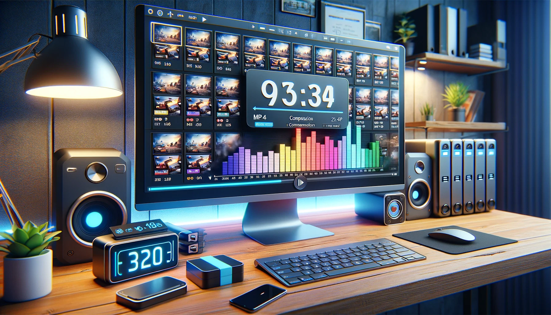 DALL·E 2023-12-16 13.16.42 - A scene depicting a computer setup with multiple video files being compressed into MP4 format simultaneously. The setting includes a large, high-resol.png