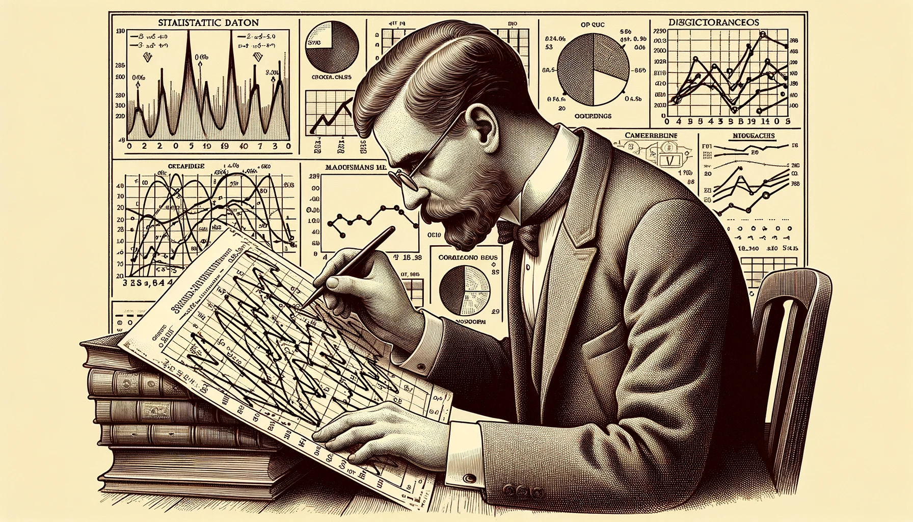DALL·E 2023-10-07 14.58.58 - Illustration in a vintage style showing a statistician from yesteryears deeply engrossed in studying a complex graph with annotations.png