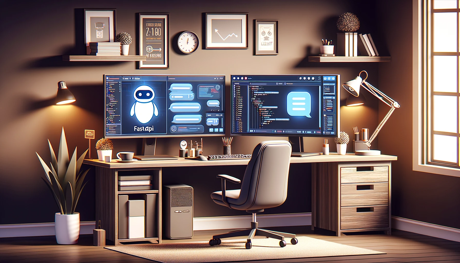 DALL·E 2023-11-02 11.34.40 - Digital illustration of a home office with a contemporary design, featuring two 16_9 monitors on a desk. The left monitor shows a development environm.png