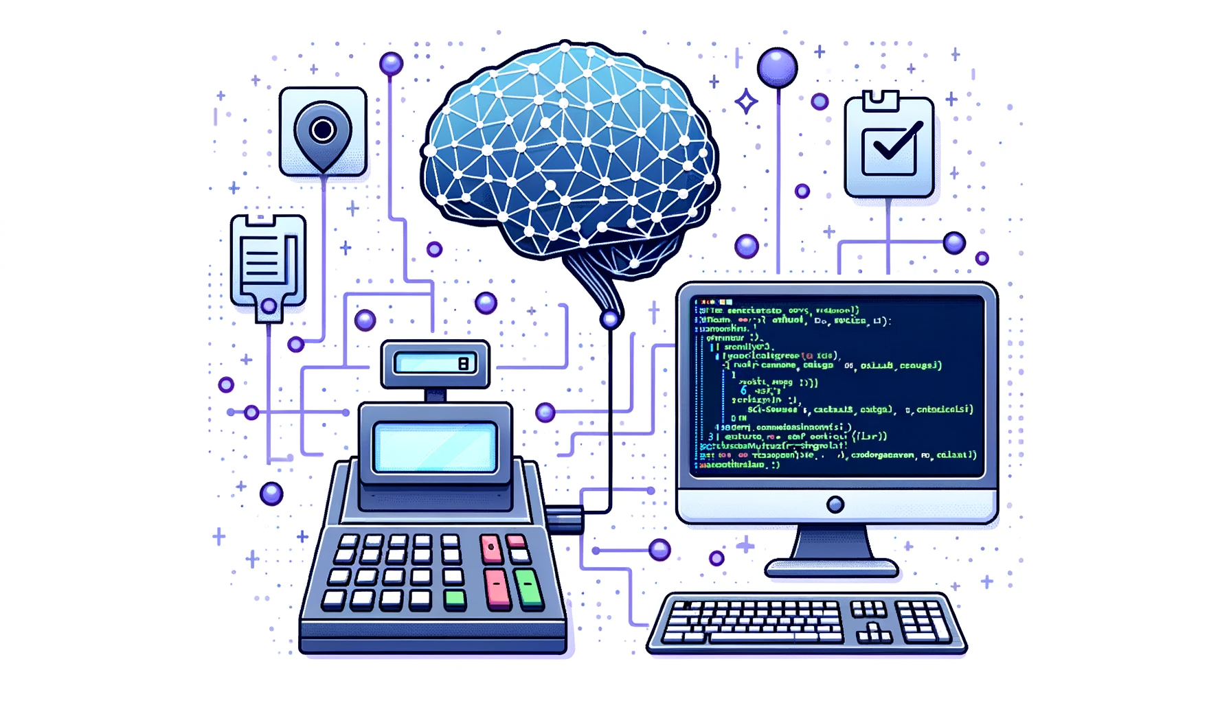 DALL·E 2023-10-15 10.00.13 - illustration of a futuristic digital AI brain connected to a convenience store cash register via data links. Below the AI brain, there's a monitor sho.png