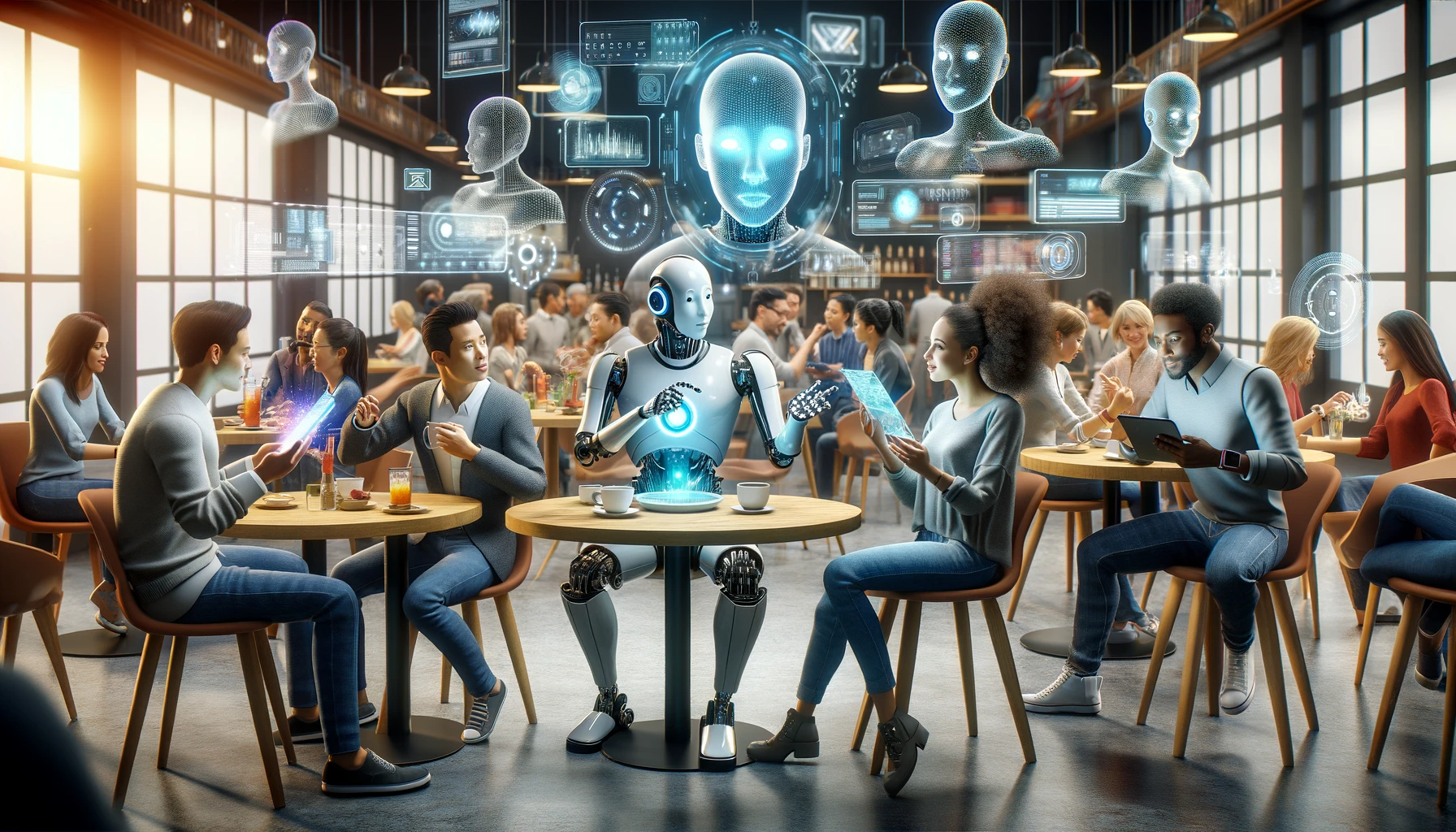 DALL·E 2023-12-08 10.00.41 - A dynamic and engaging scene representing the excitement of IT technology, featuring a diverse group of people in a modern, tech-savvy cafe. The scene.png