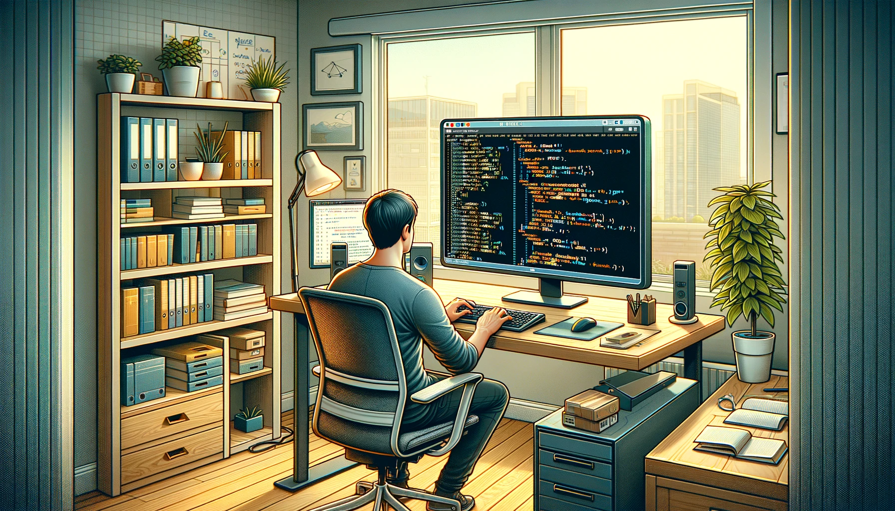 DALL·E 2023-12-16 13.56.59 - A detailed scene depicting the conversion of a Jupyter Notebook to a Python file. The image shows a modern, well-lit office environment with a large c.png