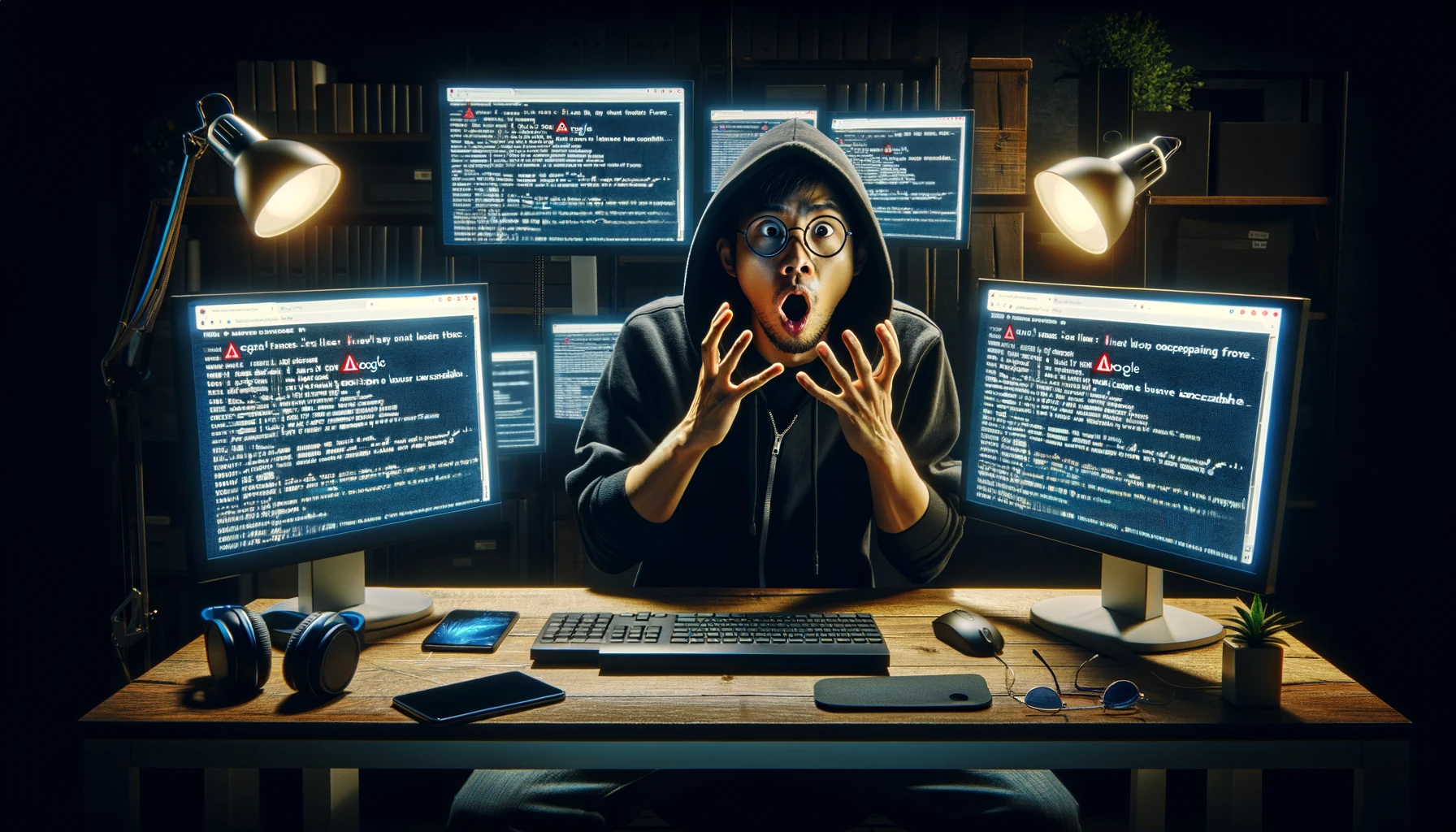 DALL·E 2023-12-16 14.27.23 - A surprised hacker discovering that their usual Google tools are no longer accessible. The scene depicts a computer desk with multiple monitors, each .png