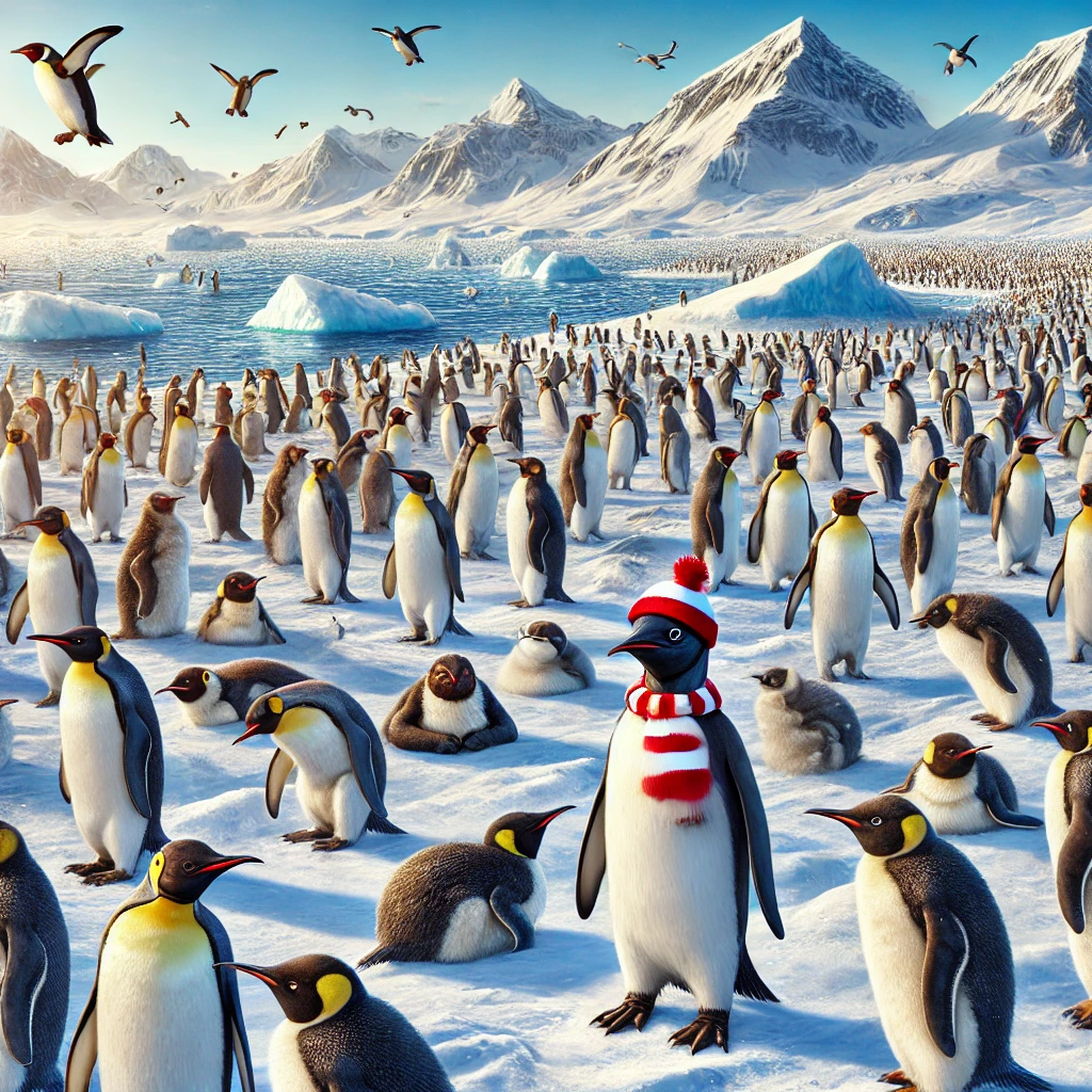 DALL·E 2025-02-09 23.53.29 - A detailed illustration of a large colony of 1,000 penguins in Antarctica, with icy landscapes and a frozen ocean in the background. Among them, one uのコピー.png