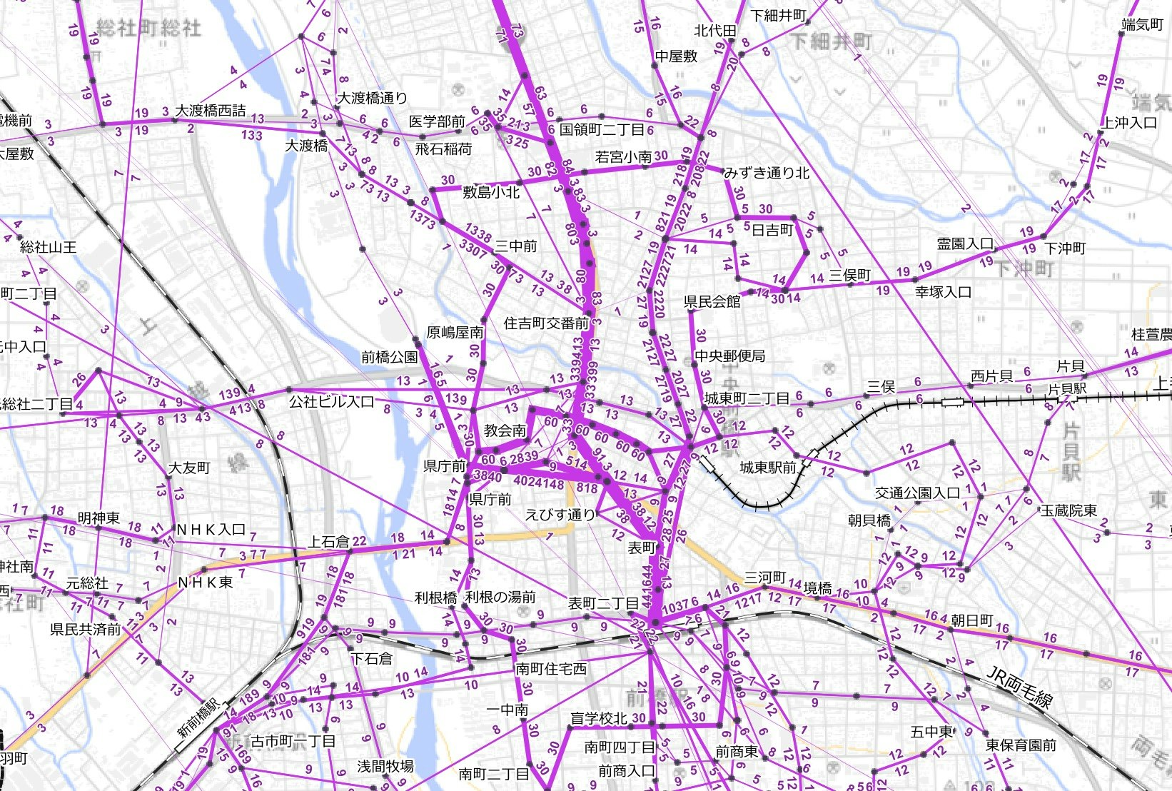 群馬県バス運行頻度路線図