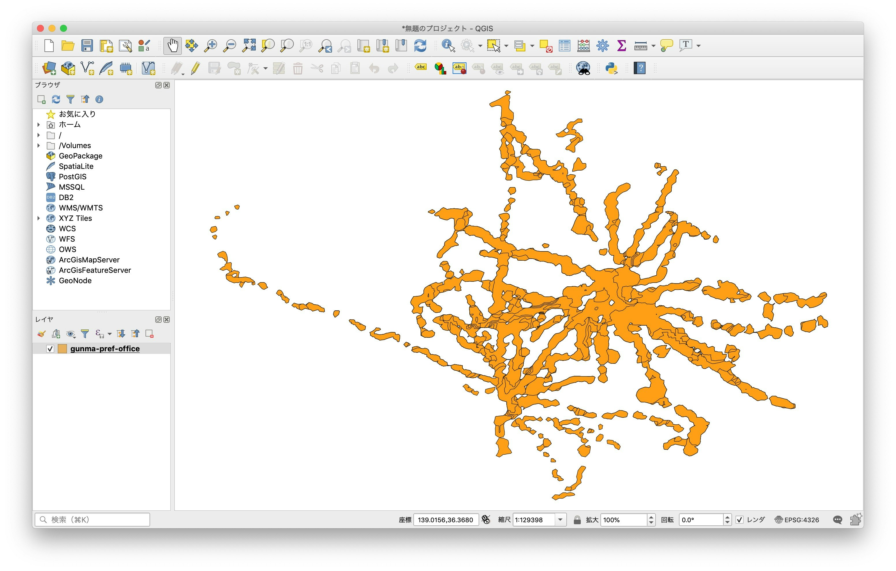 QGISに読み込んだGeoJSONファイルの初期状態