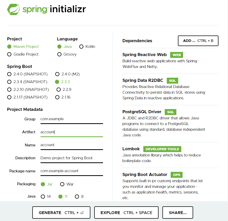 Spring Initializrの設定内容 Spring Initializrの設定内容