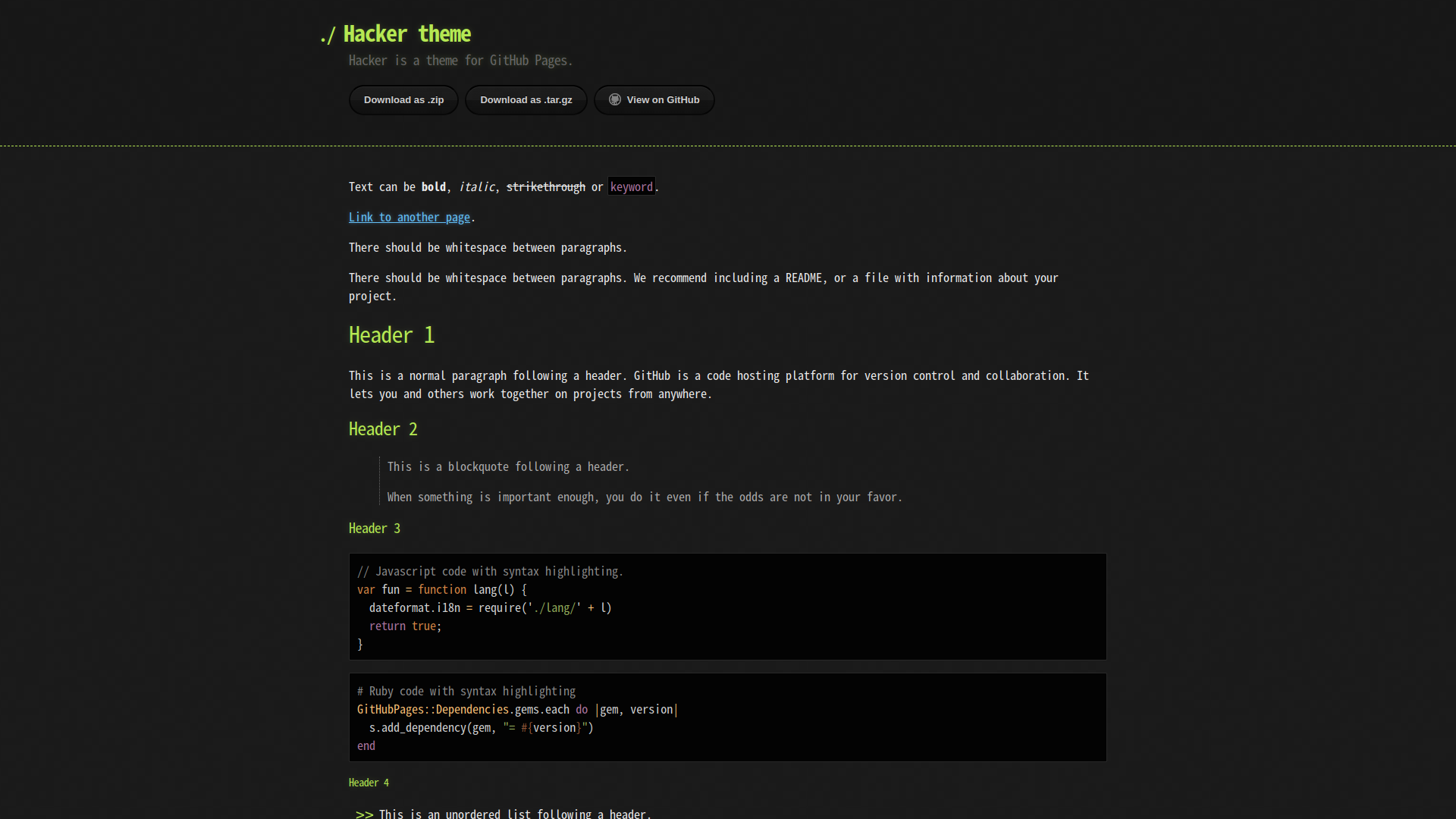 Hacker theme sample page