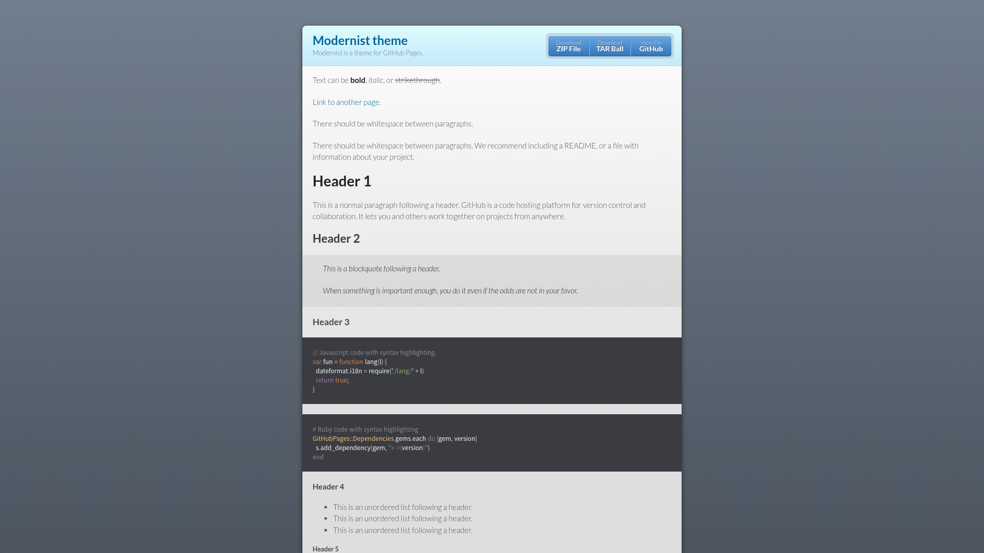 Modernist theme sample page