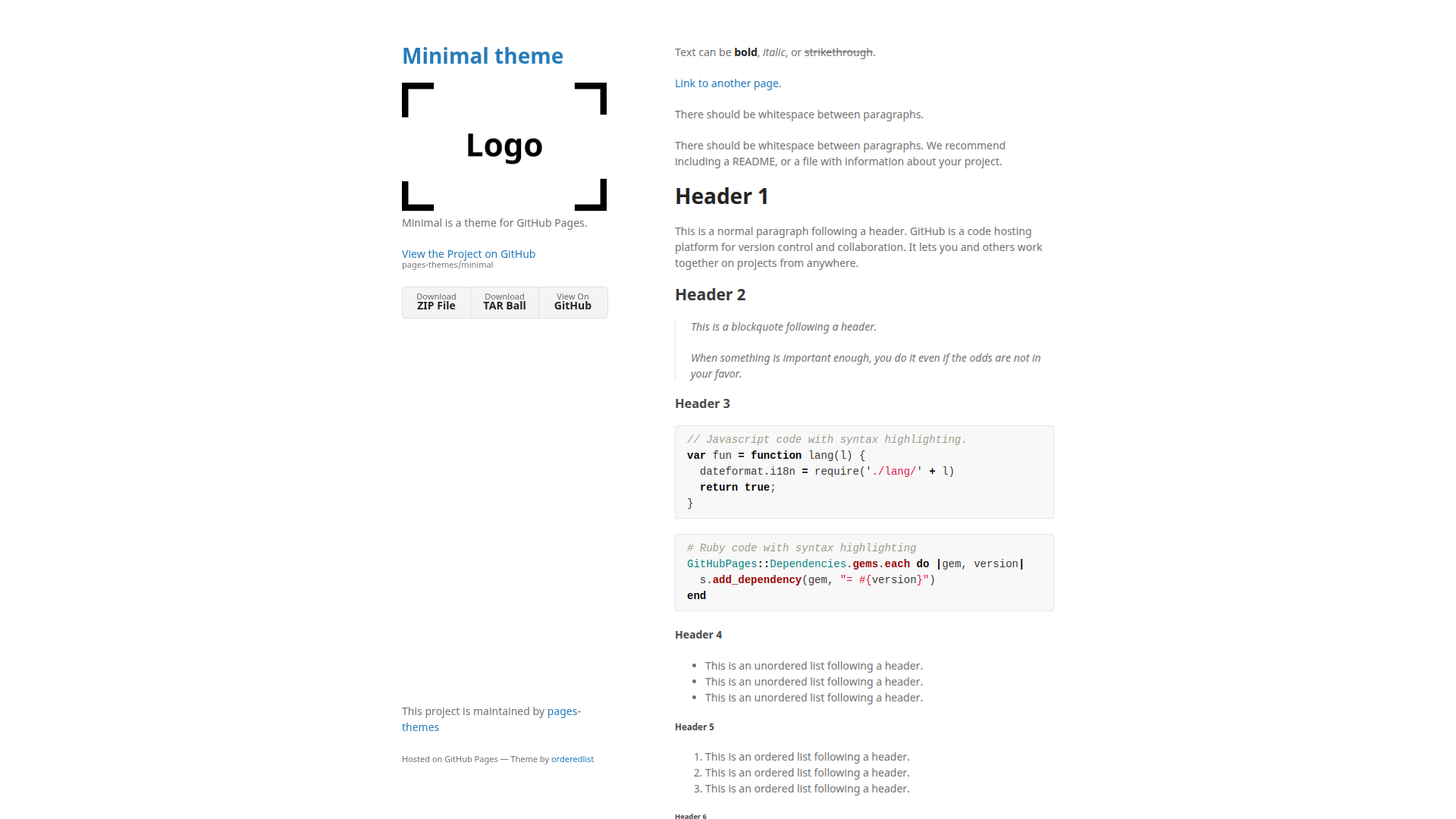 Minimal theme sample page