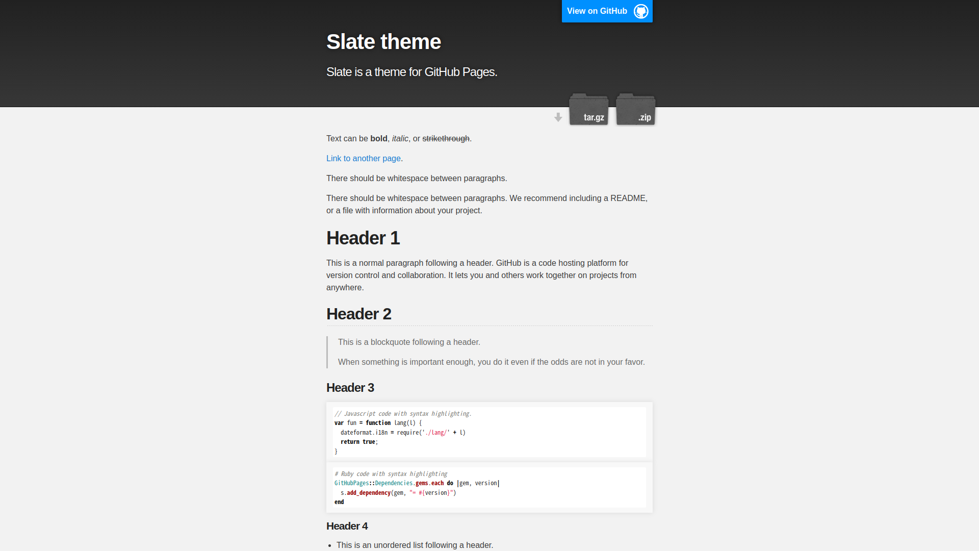 Slate theme sample page