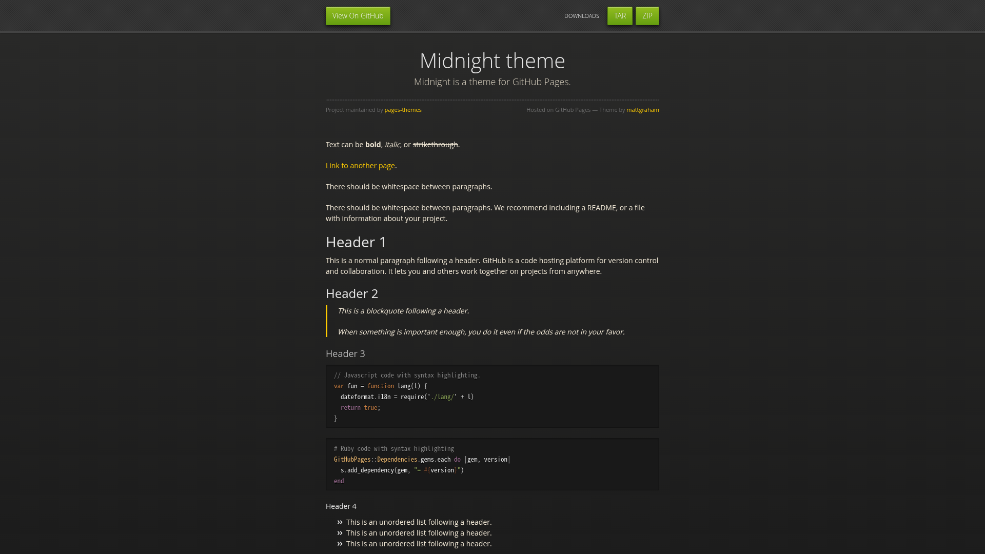 Midnight theme sample page