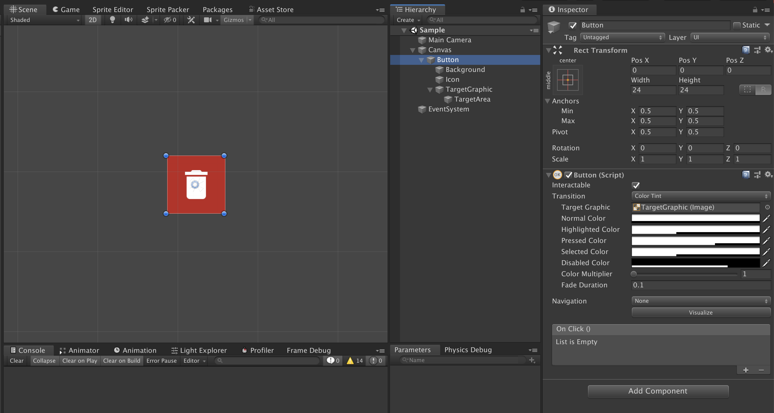 Buttonコンポーネントがアタッチされたオブジェクト以下に背景や画像などのゲームオブジェクトが設置されたヒエラルキーの図