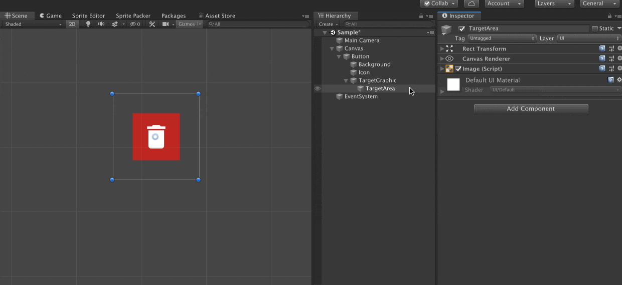 PCプラットフォーム実行時のみ判定エリアを広げていたゲームオブジェクトが削除されている様子のGIFアニメーション