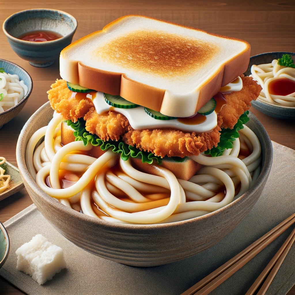 DALL·E 2023-12-15 18.02.17 - A dish featuring Katsu Sando combined with Udon in the same bowl, a novel fusion of Japanese cuisine. The image should show a large bowl filled with s.png