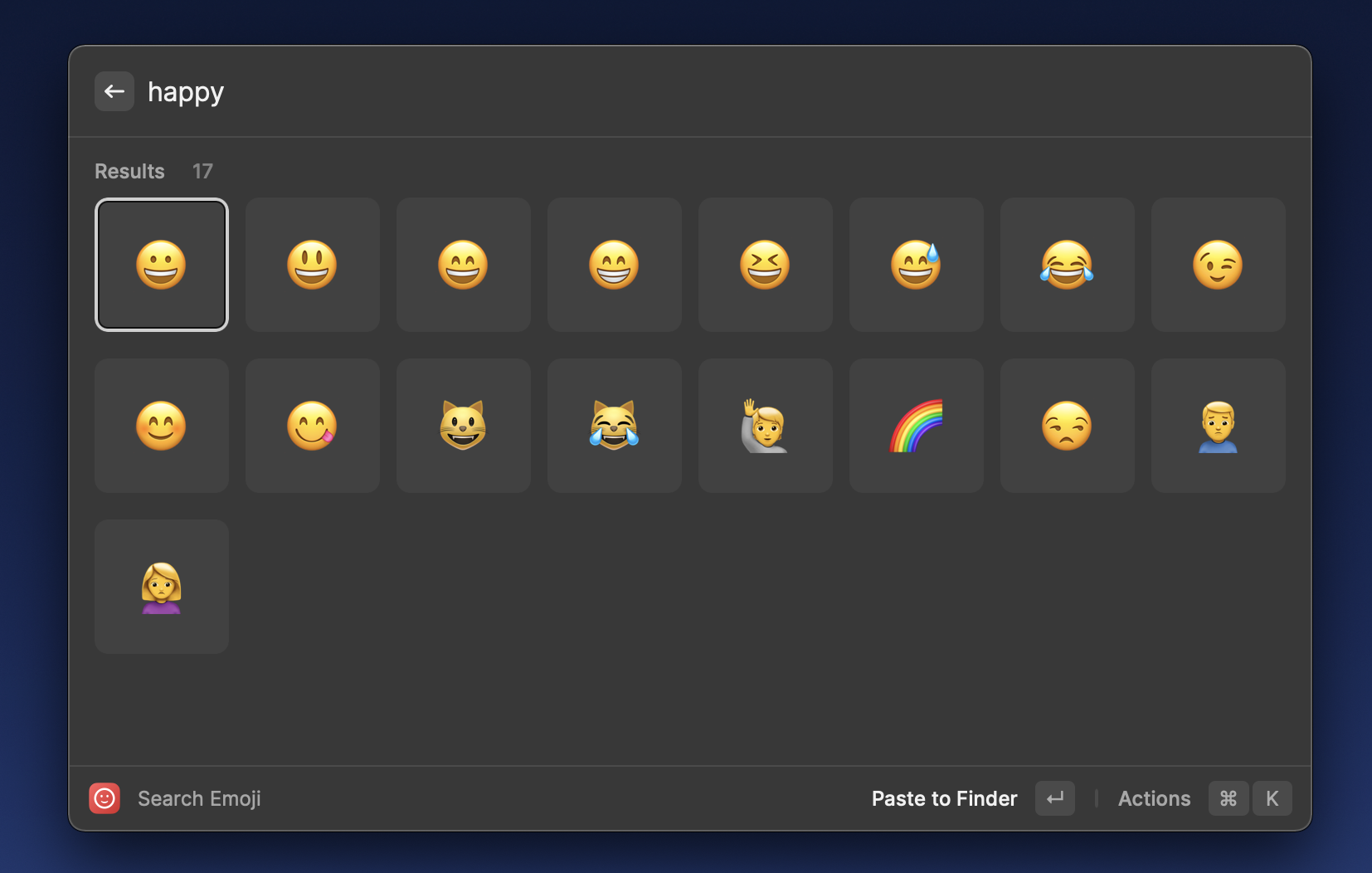 Raycastのスクリーンショット。Search Emojiを利用中で、「happy」と検索した結果笑顔の絵文字や虹の絵文字が出てきている。