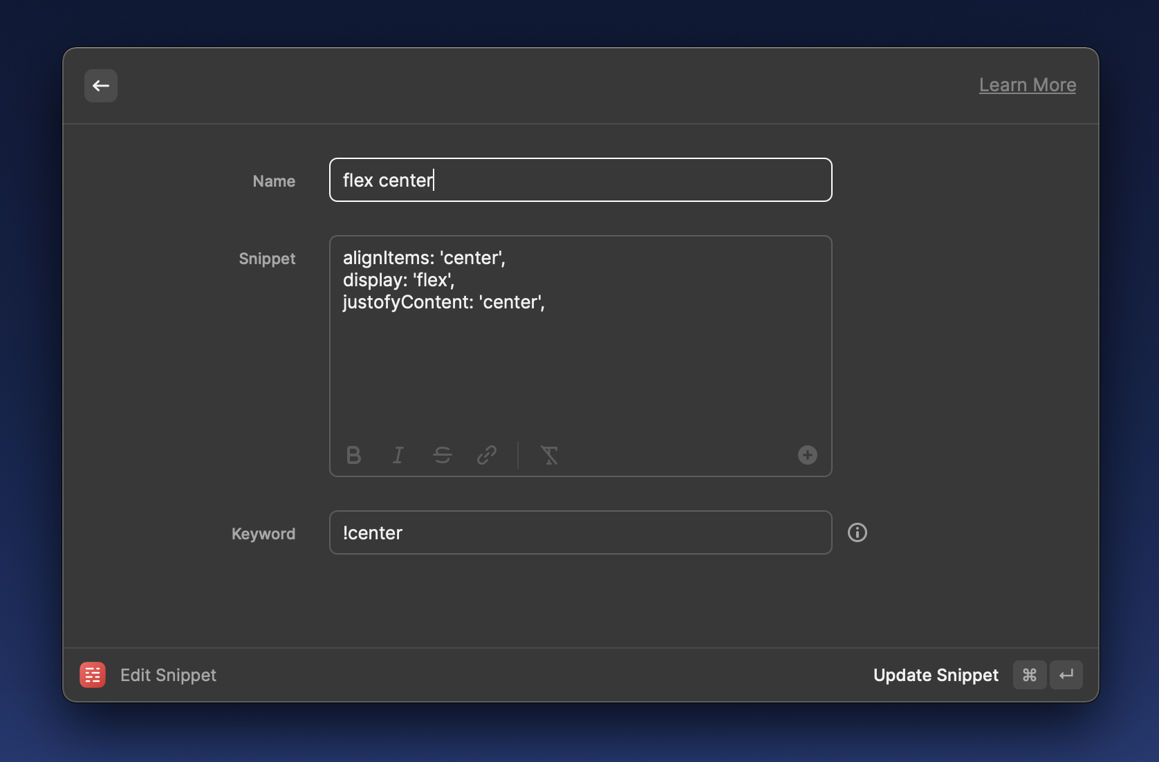Raycastのスクリーンショット。スニペットを作成している。