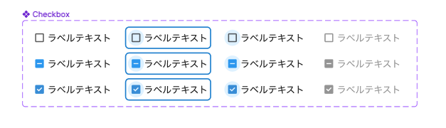Figmaのスクリーンショット。スタイルが一部違うチェックボックスのUIが縦に3行、横に4列で12個並んでいる。チェックボックスのリストは紫の点線で囲まれており、左上に「Checkbox」と表示されている