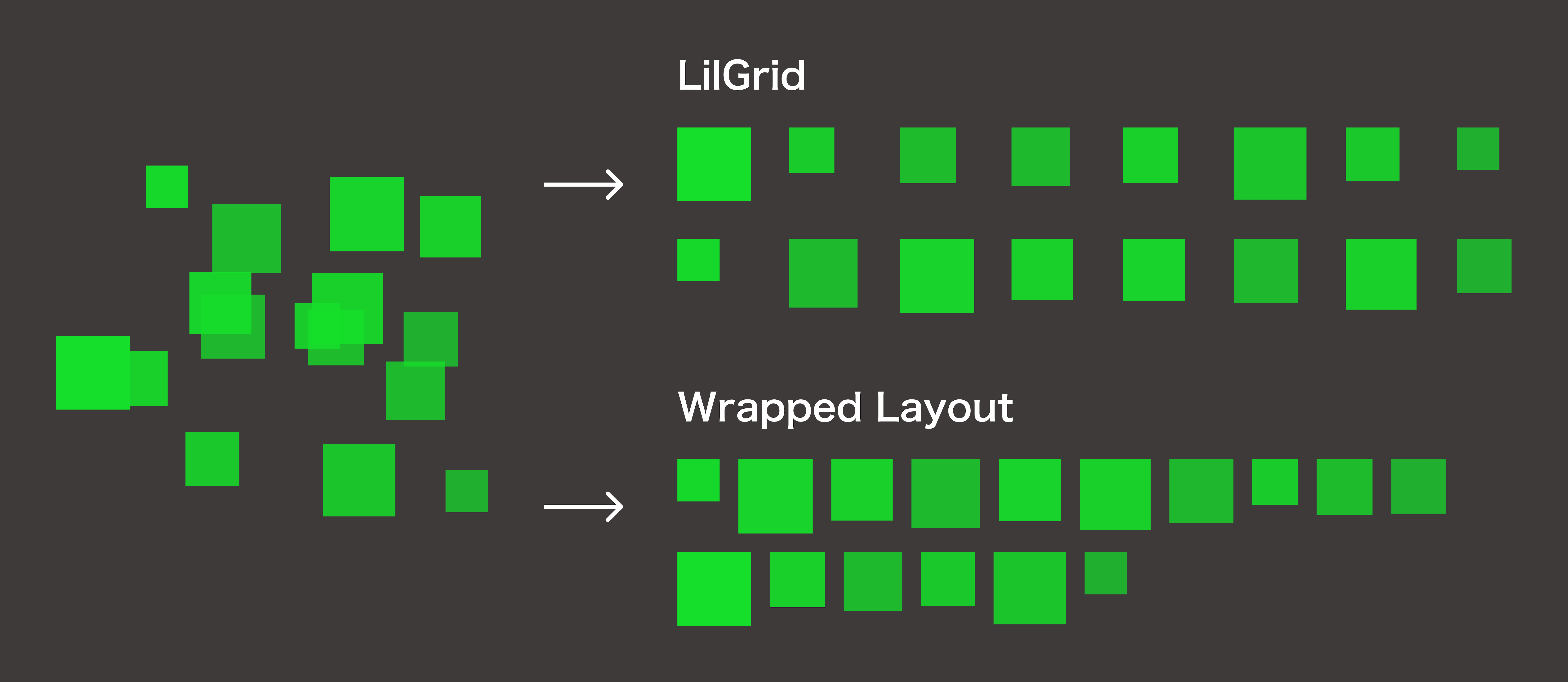LilGridはグリッドに沿って整列、Wrapped Layoutはオブジェクトの大きさに合わせて等間隔に整列します。