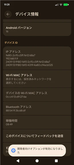 開発者向けオプションが有効化