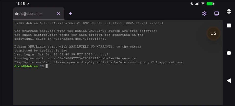 Google Pixel 6a 上で Linux ターミナルが起動したところ
