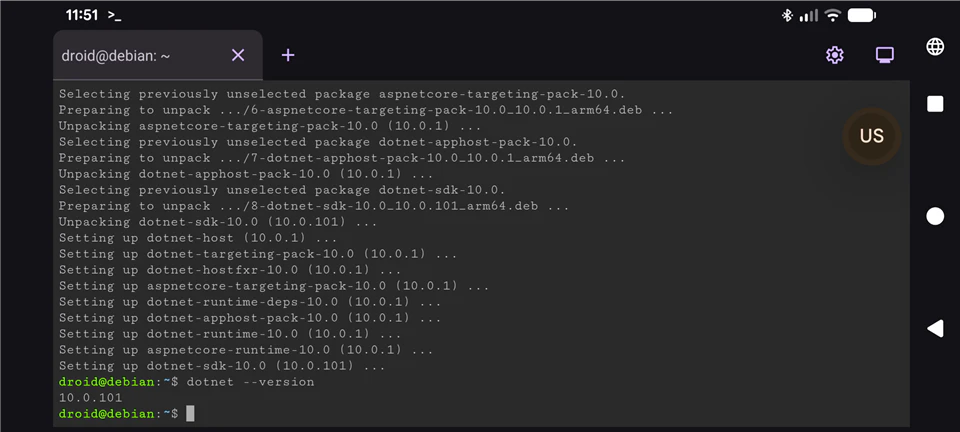 .NET 10 SDK のインストールが完了し、バージョンを確認している様子