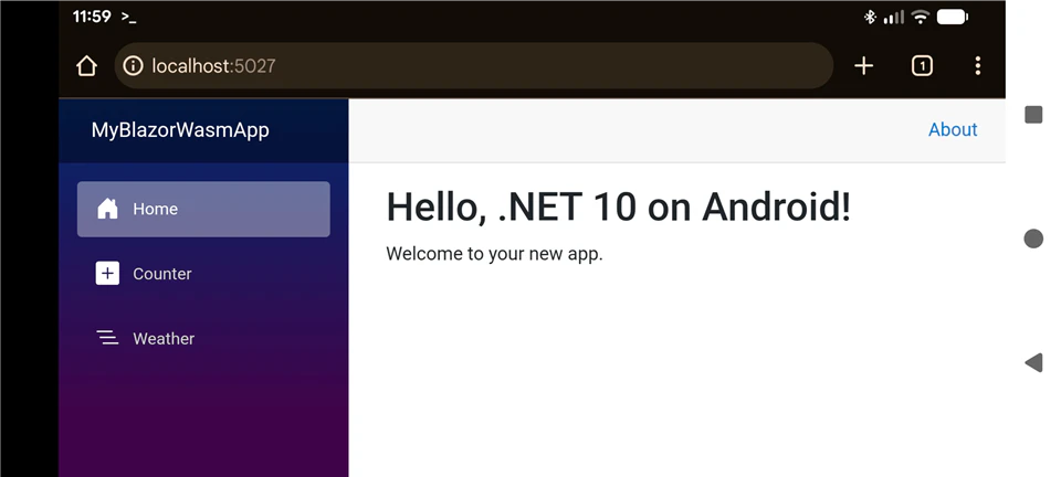 Androdi デバイス上で、Linux ターミナルで実行中の Blazor WebAssembly プロジェクトの URL を開いたところ