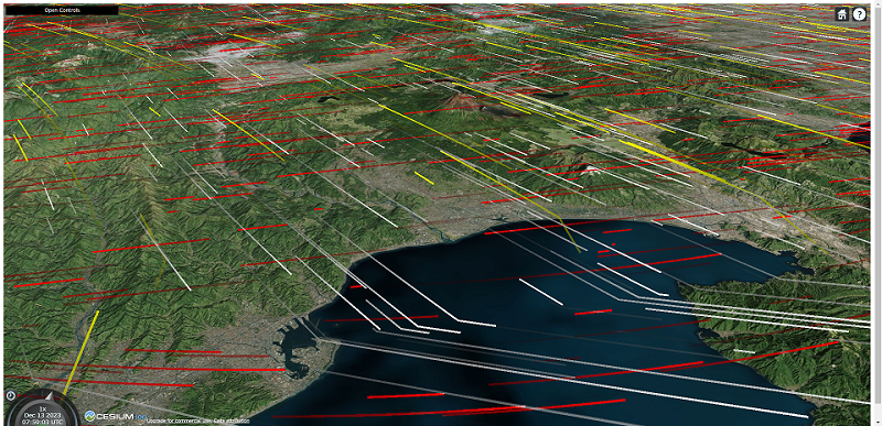 次元ごとに高さを変えて表示させた風速パーティクルアニメーションの例
