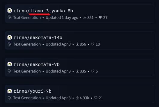rinna が開発した Llama3 派生型モデル「妖狐(Youko)」のライセンス表示例