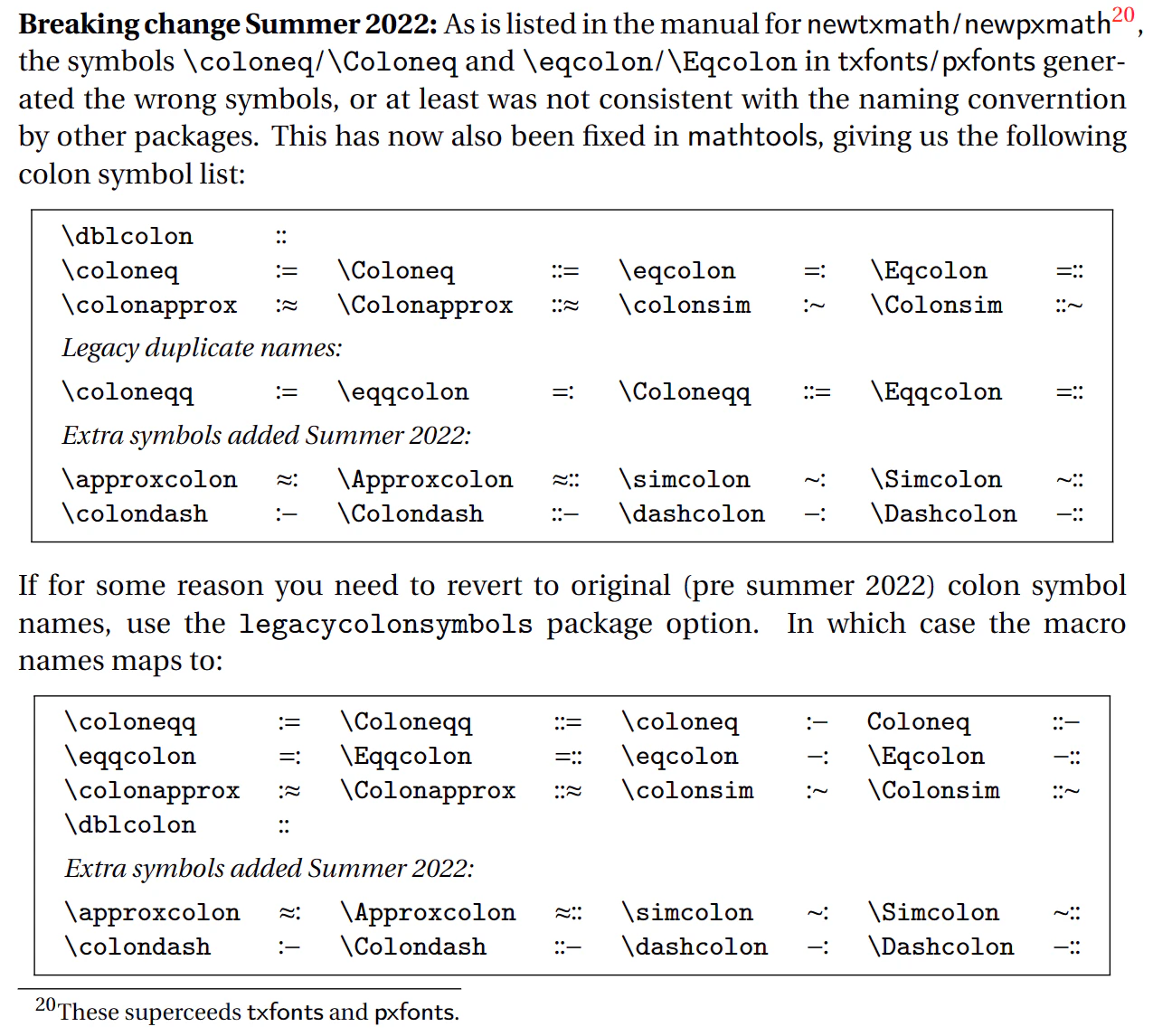 p.31 # 3.7.3 Some extra symbols involving vertically centered colon - The mathtools package - 2022/06/29 ver.1.29 Breaking change Summer 2022