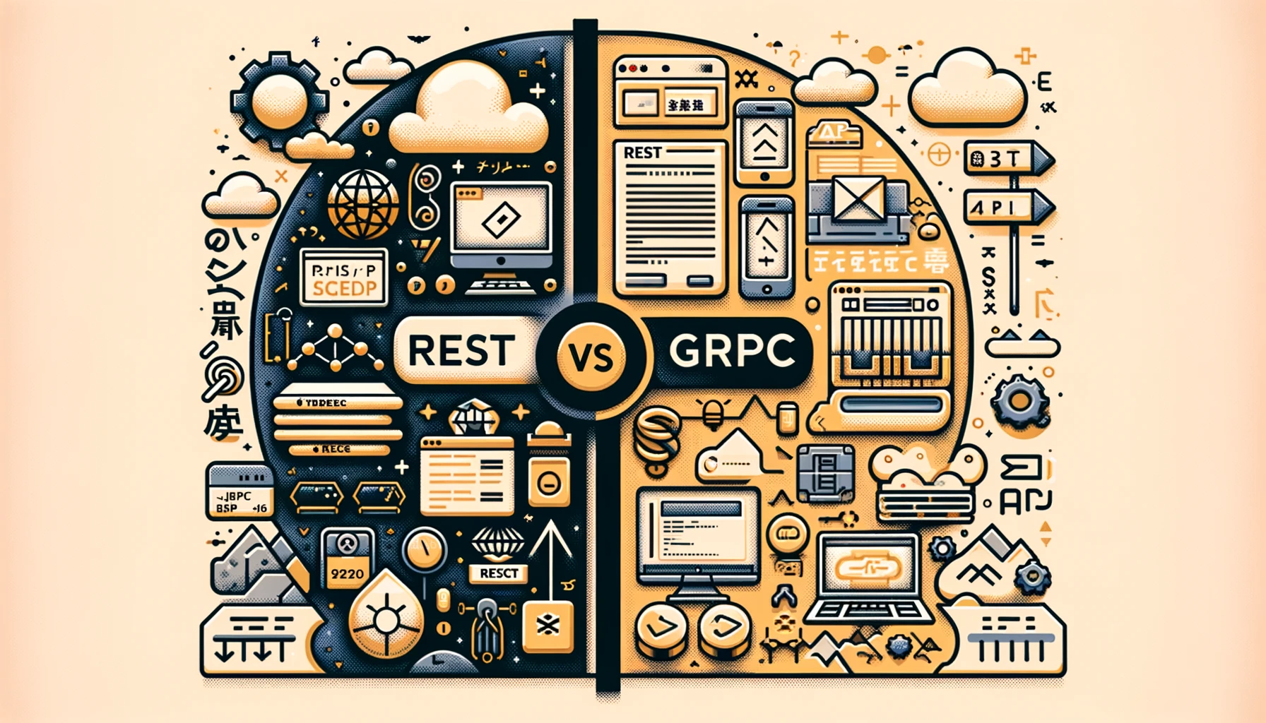 DALL·E 2024-01-30 16.13.10 - A visually engaging and conceptual wide image representing the comparison between REST and gRPC for a Japanese audience API blog. The image should dep.png