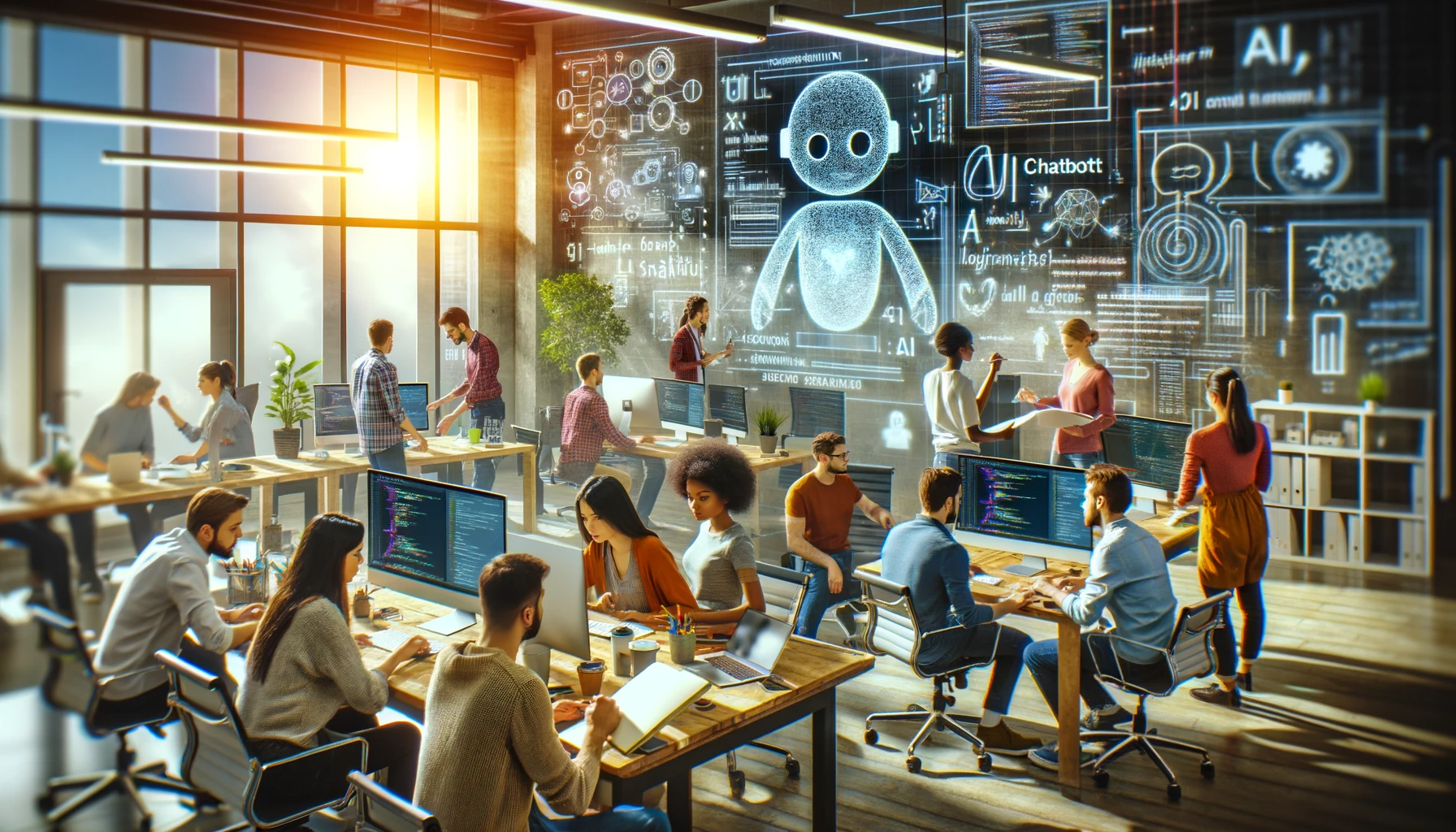 DALL·E 2024-01-08 18.44.11 - A dynamic scene in a tech startup office showing a group of diverse individuals engaged in developing an AI chatbot. The team, consisting of both men .png