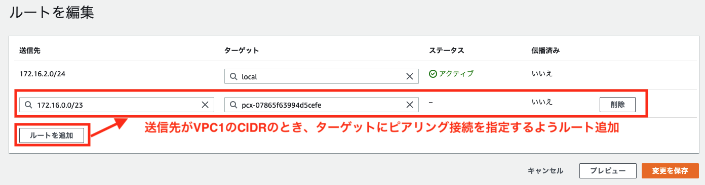 VPC2から1へのルート修正