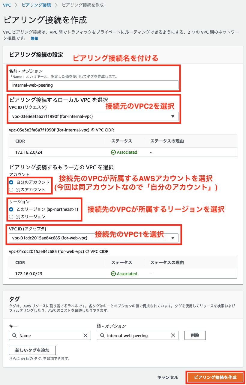 VPCピアリング作成時設定