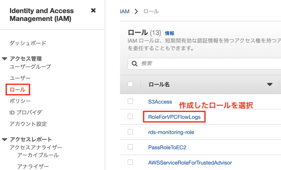 作成したロールの選択