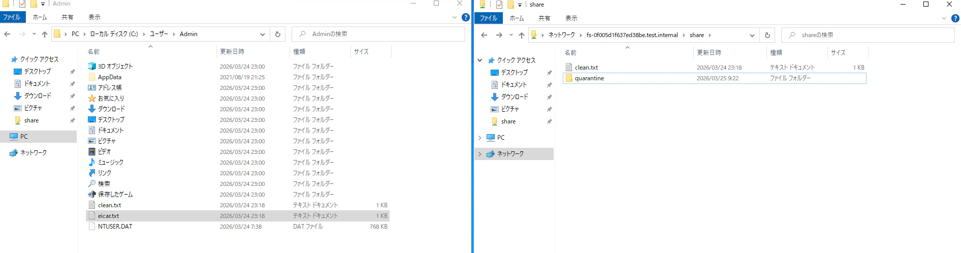 マルウェア検知後にquarantineフォルダへ自動隔離された結果
