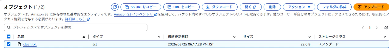 S3スキャンバケットにclean.txtがコピーされた確認画面